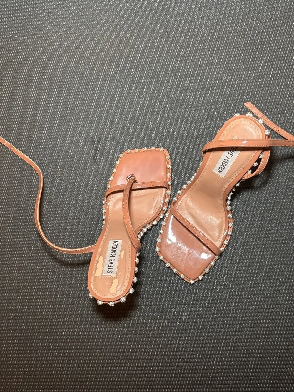 Steve Madden Coral Patent Pearl-Trim Square-Toe Sandals with Ankle Tie